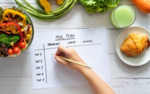 a person is writing a meal plan on a piece of paper