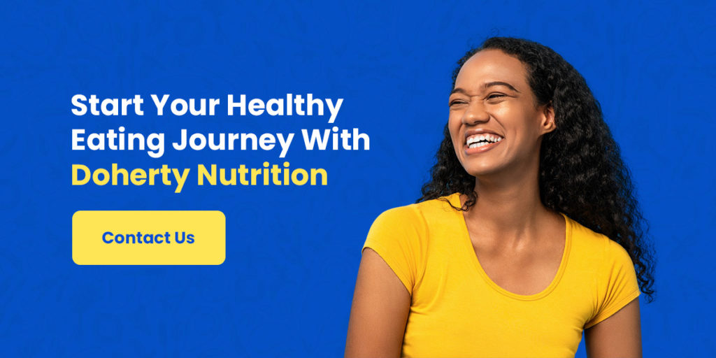 a woman is smiling in front of a blue background that says start your healthy eating journey with doherty nutrition